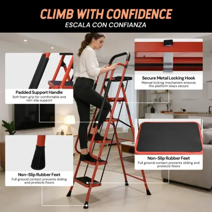 Lightweight Foldable 5-Step Ladder - 800 LBS Capacity, Portable Collapsible Design with Handrail & Tool Tray, Ideal for Kitchen & DIY Home Improvement Projects (Folding Steps Included), Lightweight Foldable Ladder, Portable Collapsible Ladder