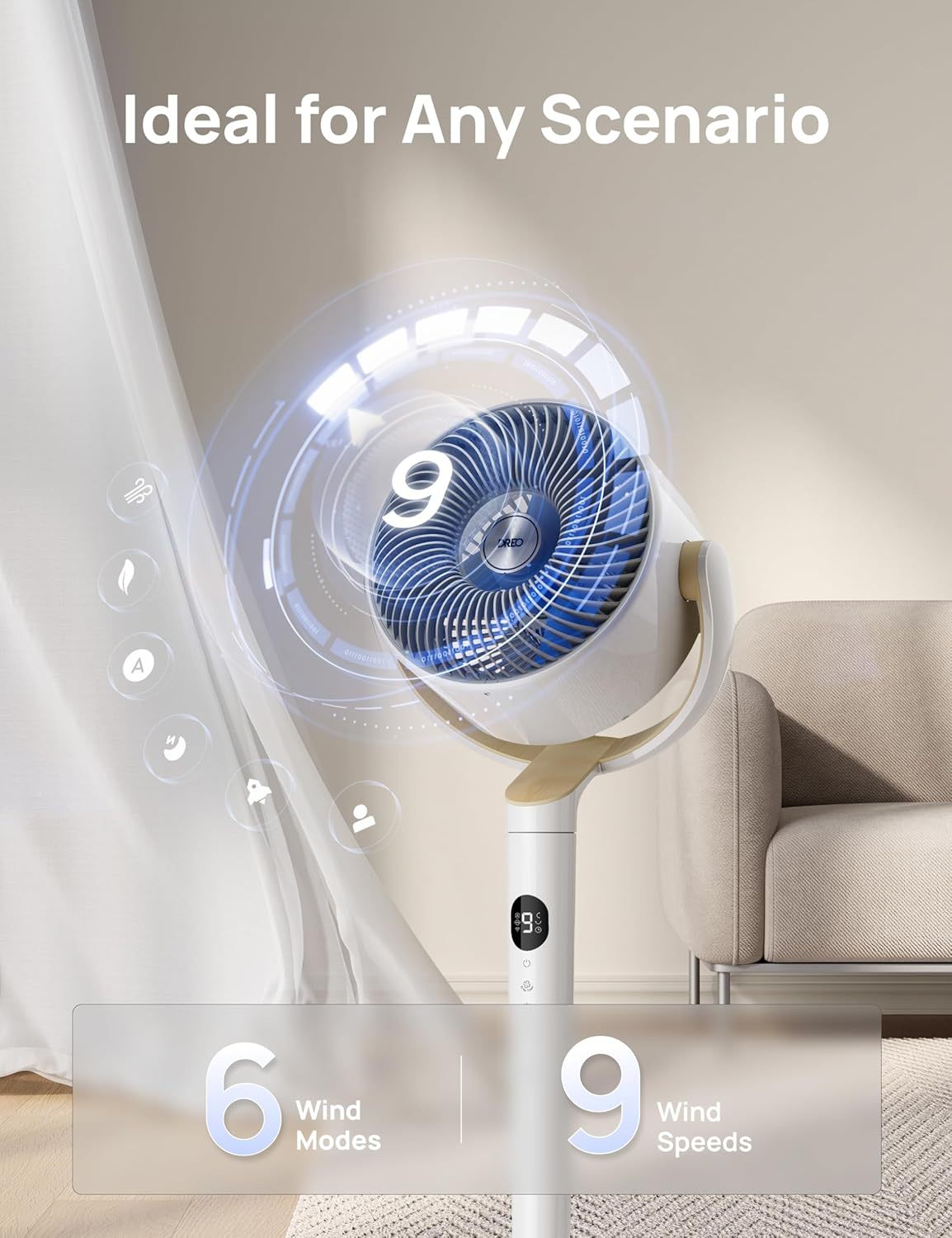  Smart Fan for Bedroom, 120° +120° Omni-Directional Oscillating Fans, 100ft Quiet Pedestal Fan with RGB Light, 9 Speeds, 6 Modes, 20dB, 8H Timer, Wi-Fi/Voice/Alexa, 35-40" Floor Fans with Remote