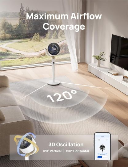  Smart Fan for Bedroom, 120° +120° Omni-Directional Oscillating Fans, 100ft Quiet Pedestal Fan with RGB Light, 9 Speeds, 6 Modes, 20dB, 8H Timer, Wi-Fi/Voice/Alexa, 35-40" Floor Fans with Remote