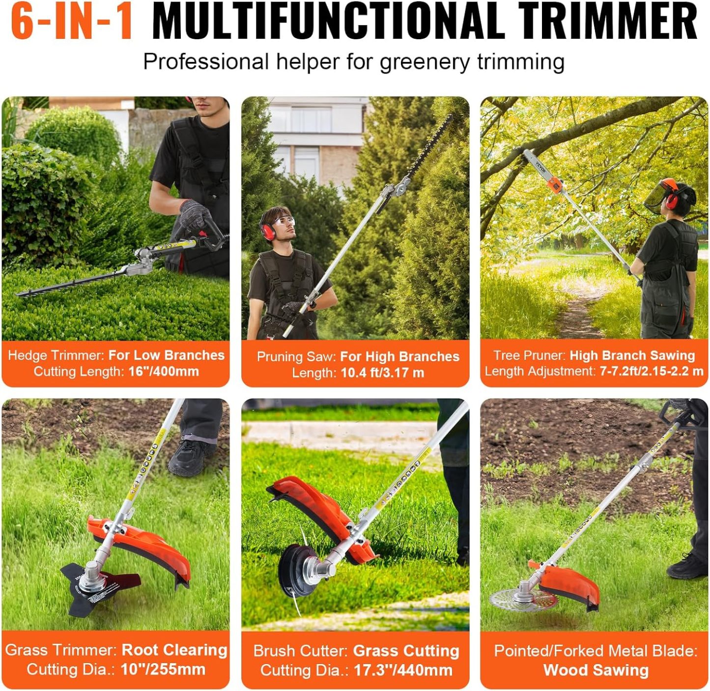 52cc Gas-Powered 6-in-1 Multi-Functional Trimmer - Hedge Trimmer, Brush Cutter, Weed Eater, Edger, Pole Saw & Chainsaw Pruner, EPA, CE & EMC Certified