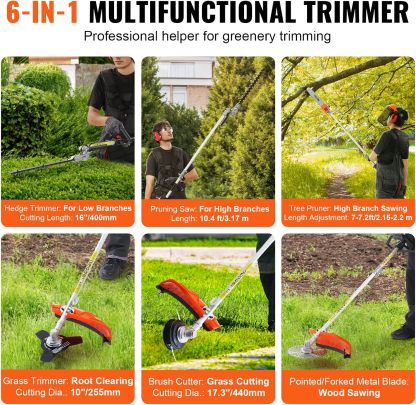 52cc Gas-Powered 6-in-1 Multi-Functional Trimmer - Hedge Trimmer, Brush Cutter, Weed Eater, Edger, Pole Saw & Chainsaw Pruner, EPA, CE & EMC Certified