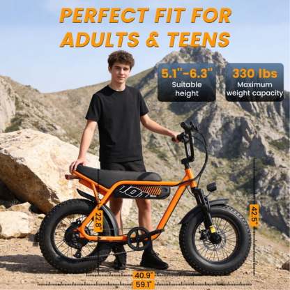  V101 Electric Bike for Adults & Teens – 28 MPH, 750W (Peak 1500W), 48V 13Ah Battery, 16"x4.0" Fat Tires, 7-Speed, Front Suspension, Orange, UL2849