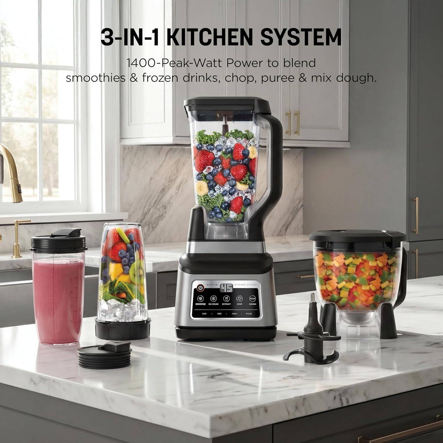 Professional Plus Kitchen System, 1400 WP, 5 Functions for Smoothies, Chopping, Dough & More with Auto IQ, 72-oz.* Blender Pitcher, 64-oz. Processor Bowl, (2) 24-oz. To-Go Cups, Grey