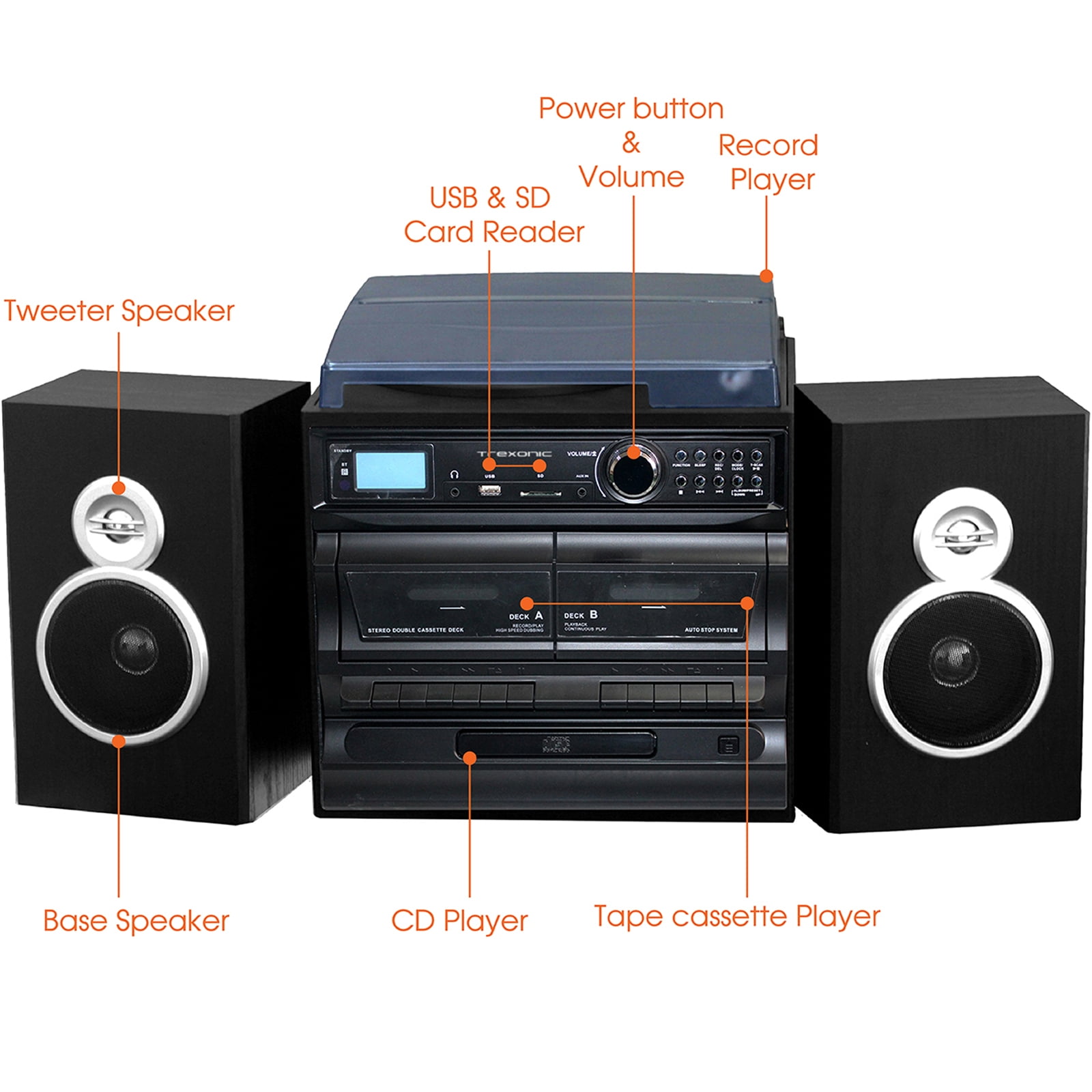 3-Speed Turntable With CD Player, Dual Cassette Player, BT, FM Radio & USB/SD Recording and Wired Shelf Speakers