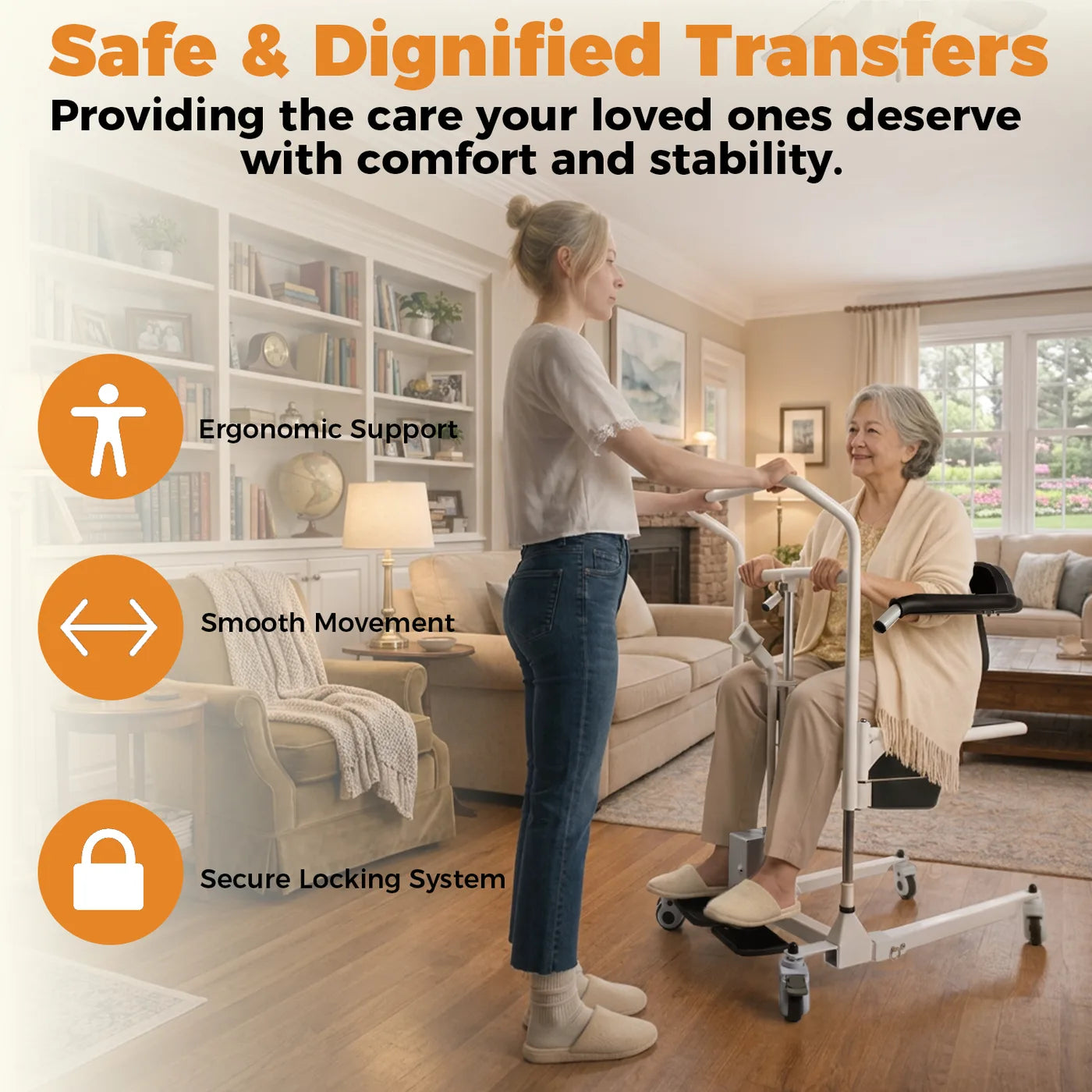 Caregiver safely transferring a senior patient with Achairgo lift chair