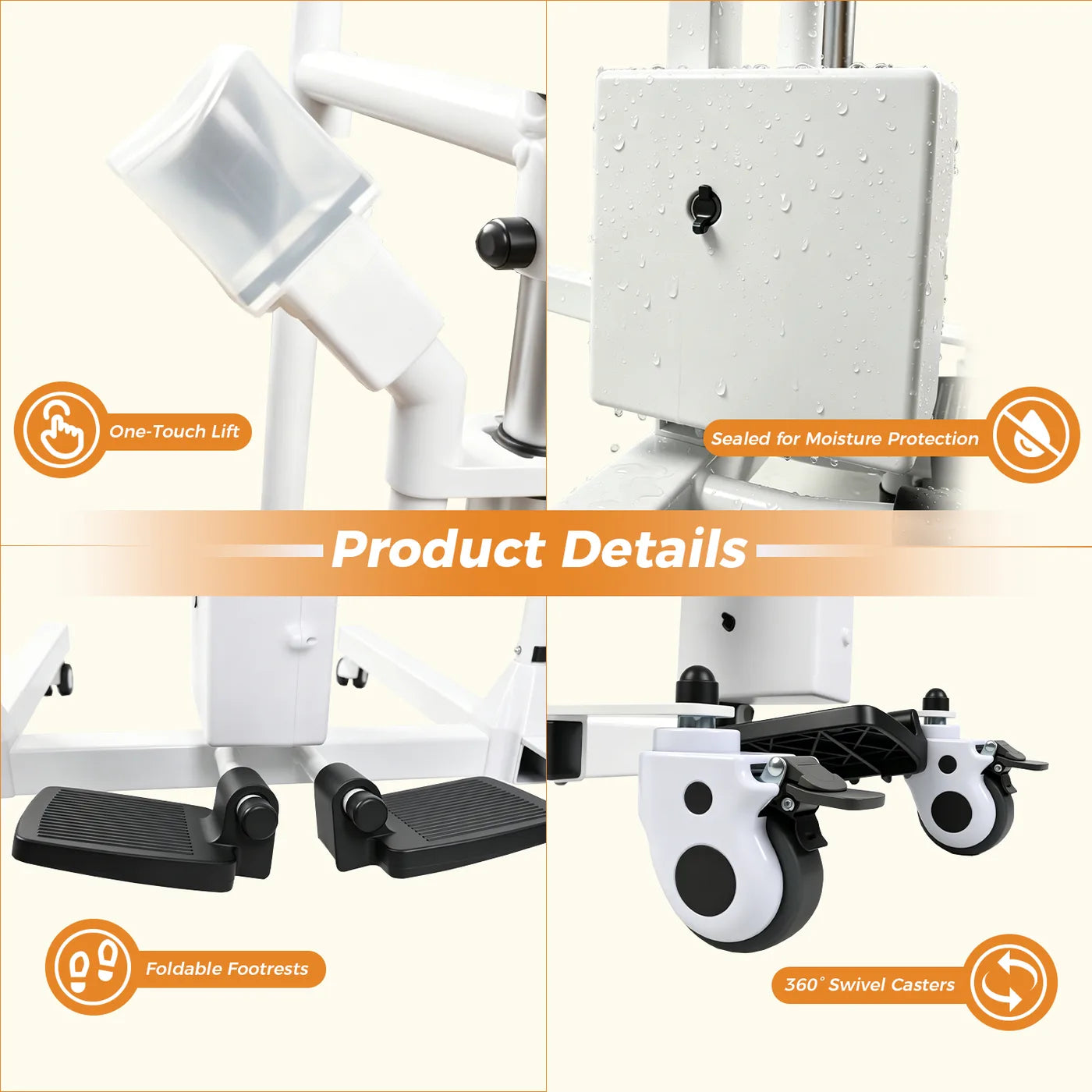 Premium details including waterproof seal and 360 swivel casters