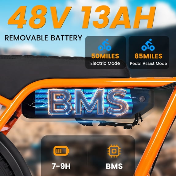  V101 Electric Bike for Adults & Teens – 28 MPH, 750W (Peak 1500W), 48V 13Ah Battery, 16"x4.0" Fat Tires, 7-Speed, Front Suspension, Orange, UL2849
