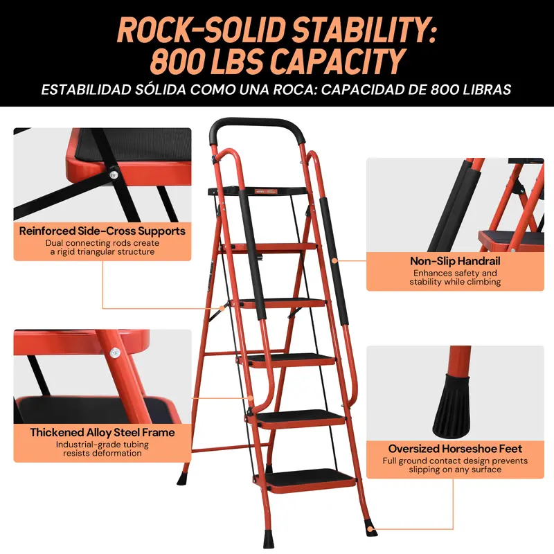  Lightweight Foldable 5-Step Ladder - 800 LBS Capacity, Portable Collapsible Design with Handrail & Tool Tray, Ideal for Kitchen & DIY Home Improvement Projects (Folding Steps Included), Lightweight Foldable Ladder, Portable Collapsible Ladder