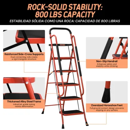  Lightweight Foldable 5-Step Ladder - 800 LBS Capacity, Portable Collapsible Design with Handrail & Tool Tray, Ideal for Kitchen & DIY Home Improvement Projects (Folding Steps Included), Lightweight Foldable Ladder, Portable Collapsible Ladder