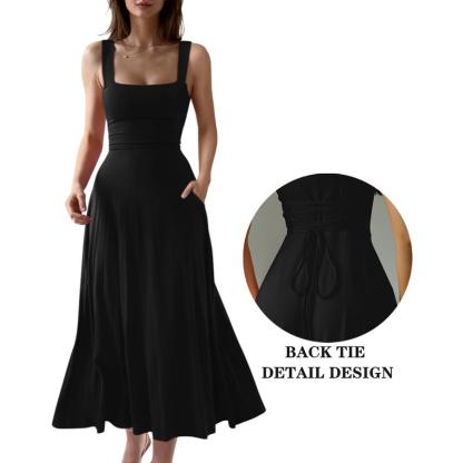 Women's Casual Sleeveless Square Neck A-Line Solid Slim Flowy Long Dress
