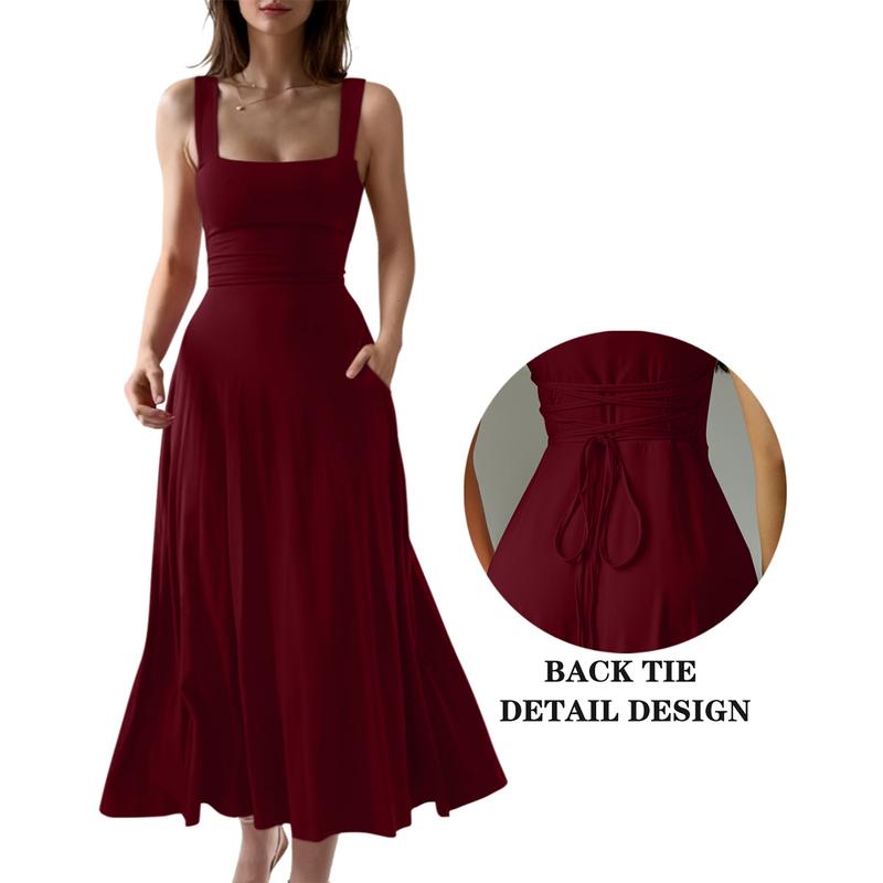 Women's Casual Sleeveless Square Neck A-Line Solid Slim Flowy Long Dress