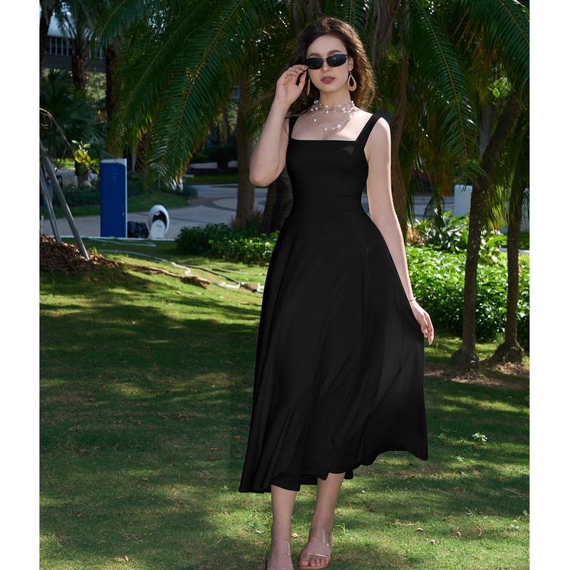 Women's Casual Sleeveless Square Neck A-Line Solid Slim Flowy Long Dress