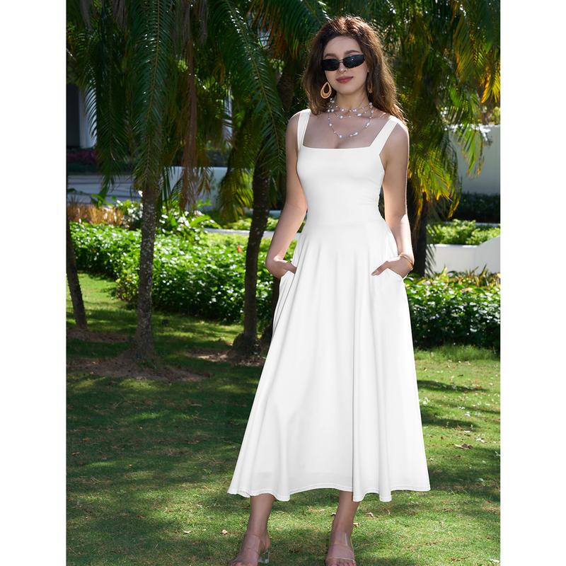 Women's Casual Sleeveless Square Neck A-Line Solid Slim Flowy Long Dress
