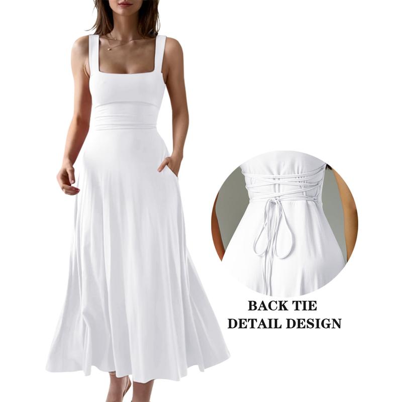 Women's Casual Sleeveless Square Neck A-Line Solid Slim Flowy Long Dress