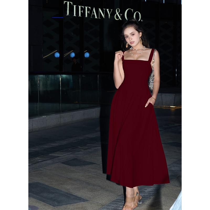 Women's Casual Sleeveless Square Neck A-Line Solid Slim Flowy Long Dress