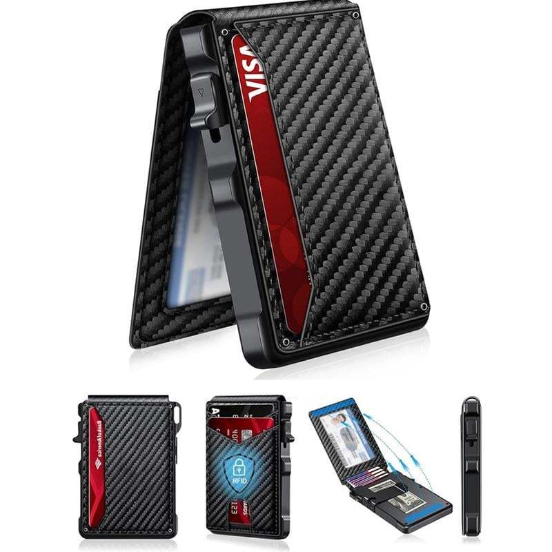 Minimalist Men’s Slim Wallet: 9 - 13 Cards, Money Clip, ID Window. RFID - Blocking, Aluminum Bifold Pop - Up