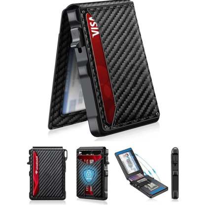 Minimalist Men’s Slim Wallet: 9 - 13 Cards, Money Clip, ID Window. RFID - Blocking, Aluminum Bifold Pop - Up
