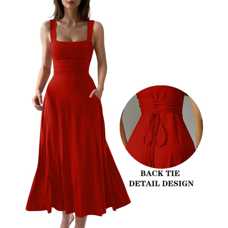 Women's Casual Sleeveless Square Neck A-Line Solid Slim Flowy Long Dress