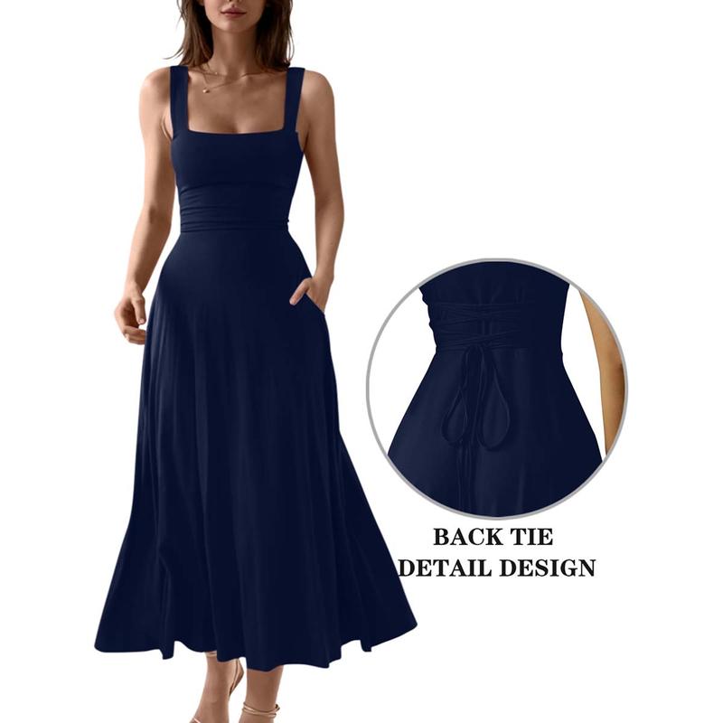 Women's Casual Sleeveless Square Neck A-Line Solid Slim Flowy Long Dress