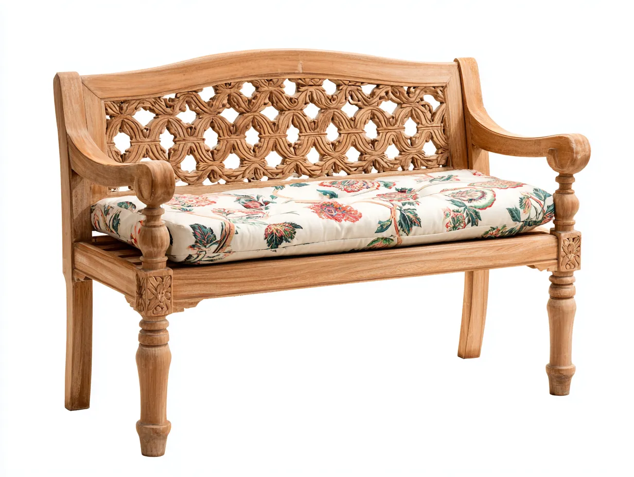 Banc de jardin - bois-tissu - 138x66x90 cm - bois naturel-motif floral - style classique sculpté-Roomuphaus