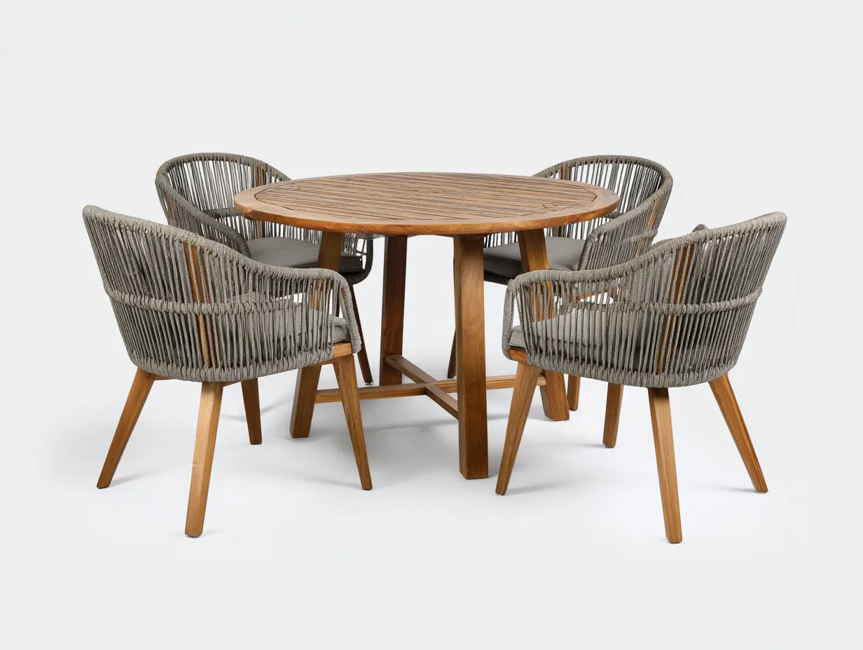 Salon de jardin repas - bois-corde synthétique-tissu - 120 x 120 x 75 cm - gris-naturel - style contemporain-Roomuphaus