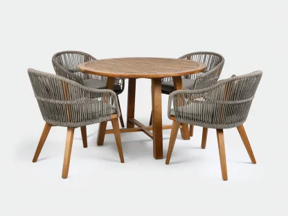 Salon de jardin repas - bois-corde synthétique-tissu - 120 x 120 x 75 cm - gris-naturel - style contemporain-Roomuphaus