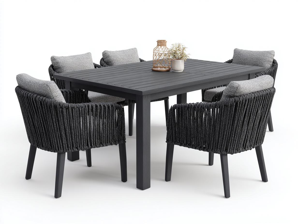 Salon de jardin repas - bois-corde synthétique-tissu - 180 x 95 x 75 cm - gris-noir - style moderne-Roomuphaus