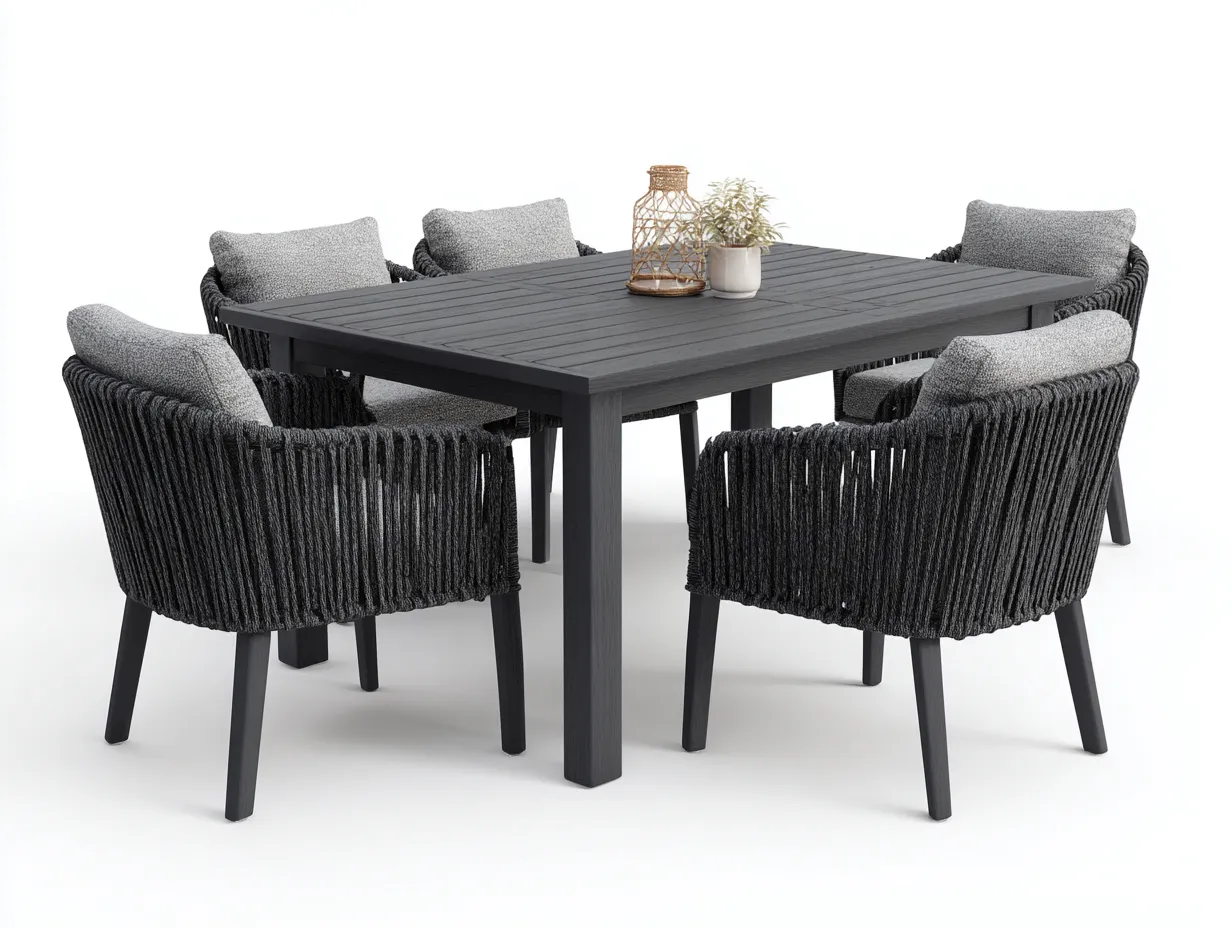 Salon de jardin repas - bois-corde synthétique-tissu - 180 x 95 x 75 cm - gris-noir - style moderne-Roomuphaus