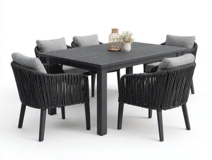 Salon de jardin repas - bois-corde synthétique-tissu - 180 x 95 x 75 cm - gris-noir - style moderne-Roomuphaus