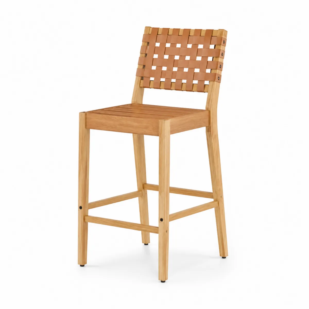 Taburete de Madera de Teca y Cuero Trenzado 75 cm