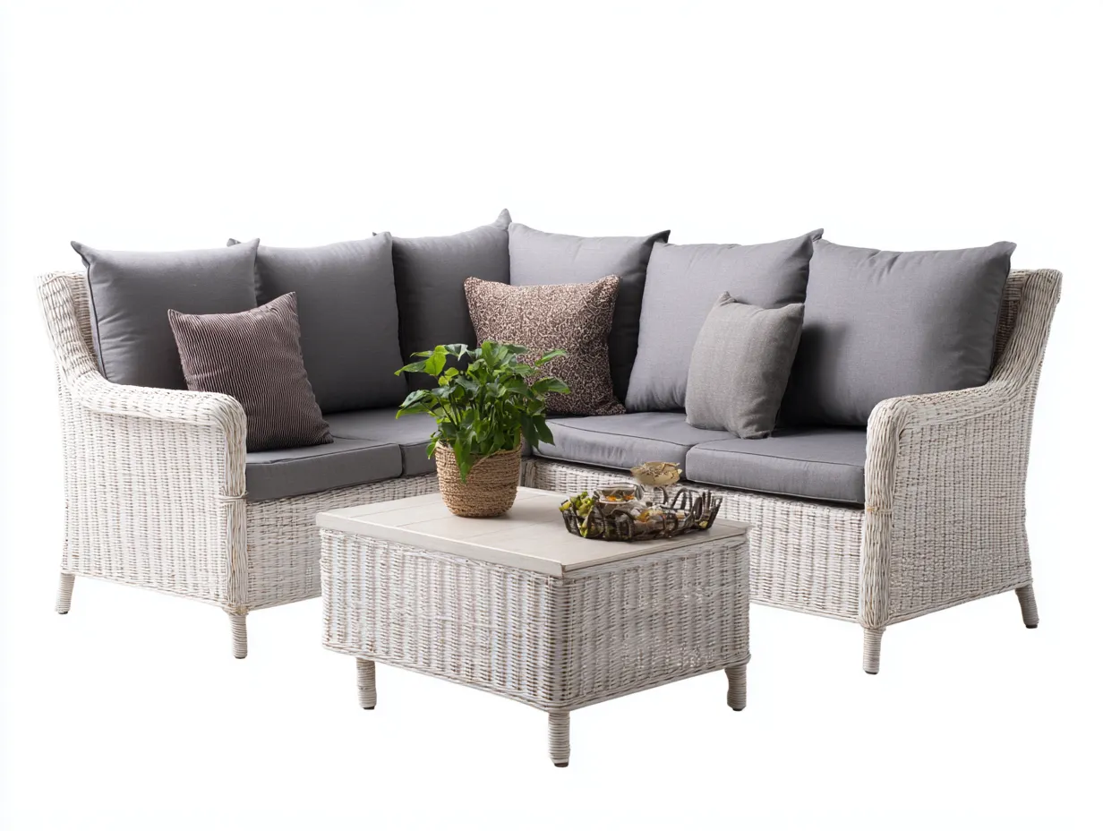 Canapé de jardin - rotin synthétique-tissu - 210 x 210 x 75 cm - gris-beige - style moderne-Nestgetbay