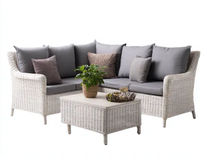 Canapé de jardin - rotin synthétique-tissu - 210 x 210 x 75 cm - gris-beige - style moderne-Nestgetbay