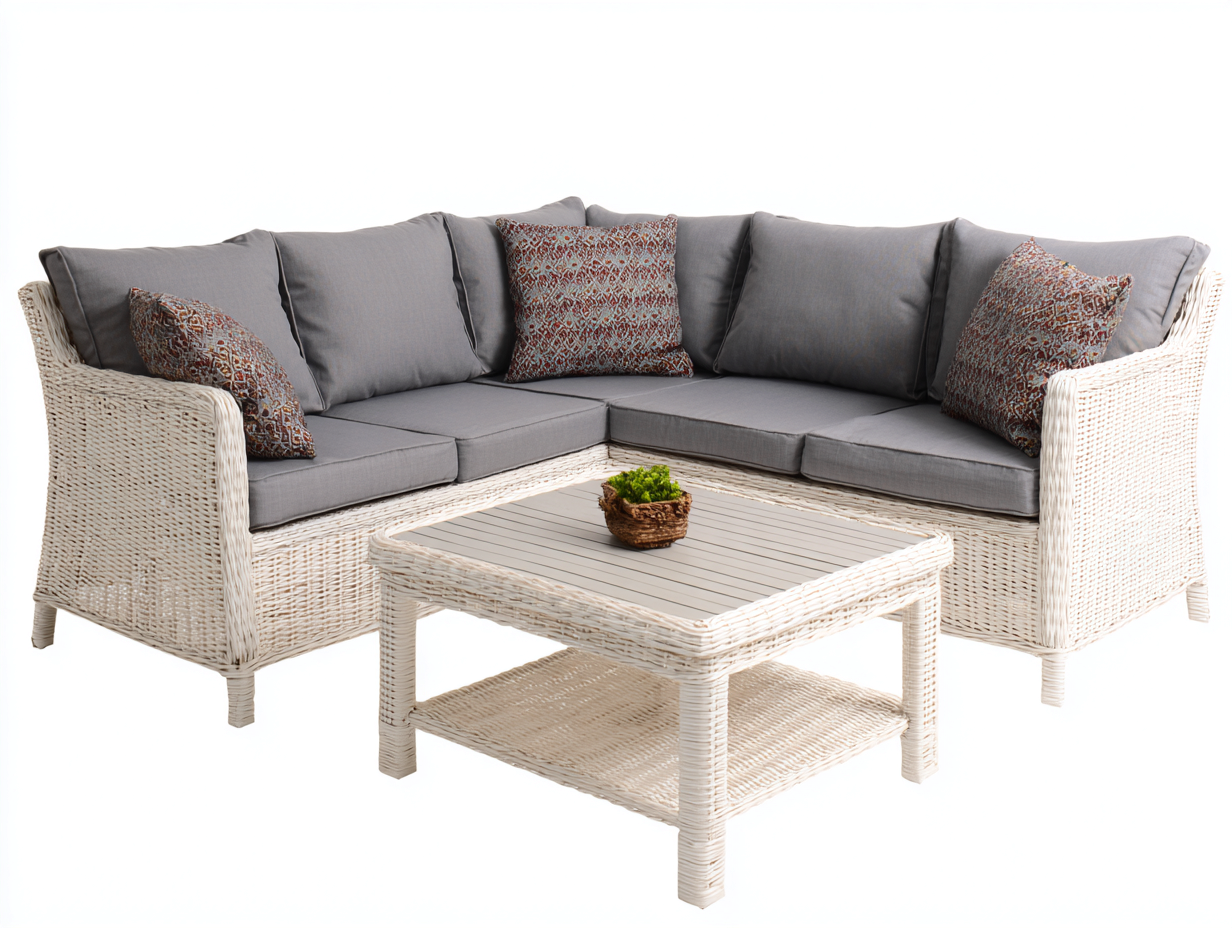 Canapé de jardin - rotin synthétique-tissu - 205 x 205 x 75 cm - gris-beige - style moderne-Nestgetbay