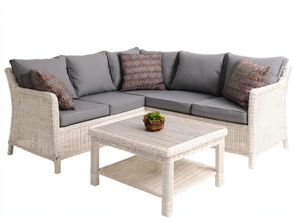 Canapé de jardin - rotin synthétique-tissu - 205 x 205 x 75 cm - gris-beige - style moderne-Nestgetbay
