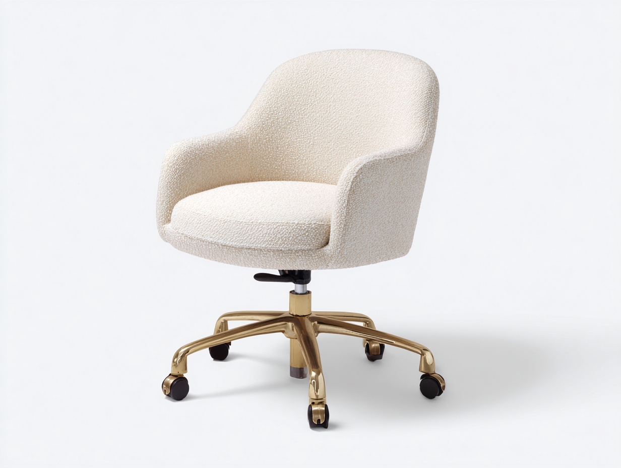 Silla de oficina giratoria - tapizado bouclé y base metálica con ruedas 62x62x88 cm - color crema y dorado - diseño ergonómico ajustable-Roommynest