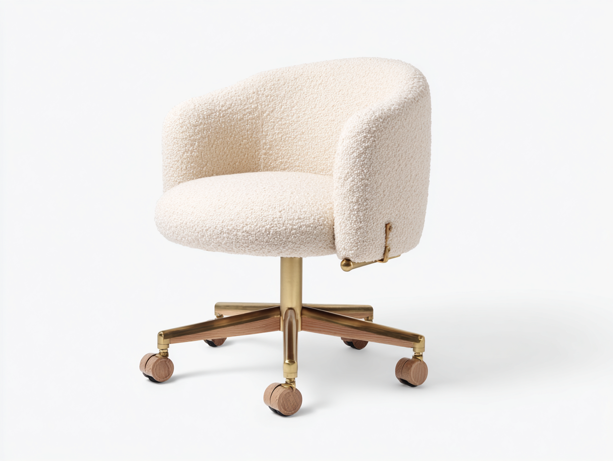 Silla de oficina giratoria con ruedas - tela bouclé y base metálica dorada 61x64x85 cm - color crema y dorado - diseño moderno ergonómico-Roommynest