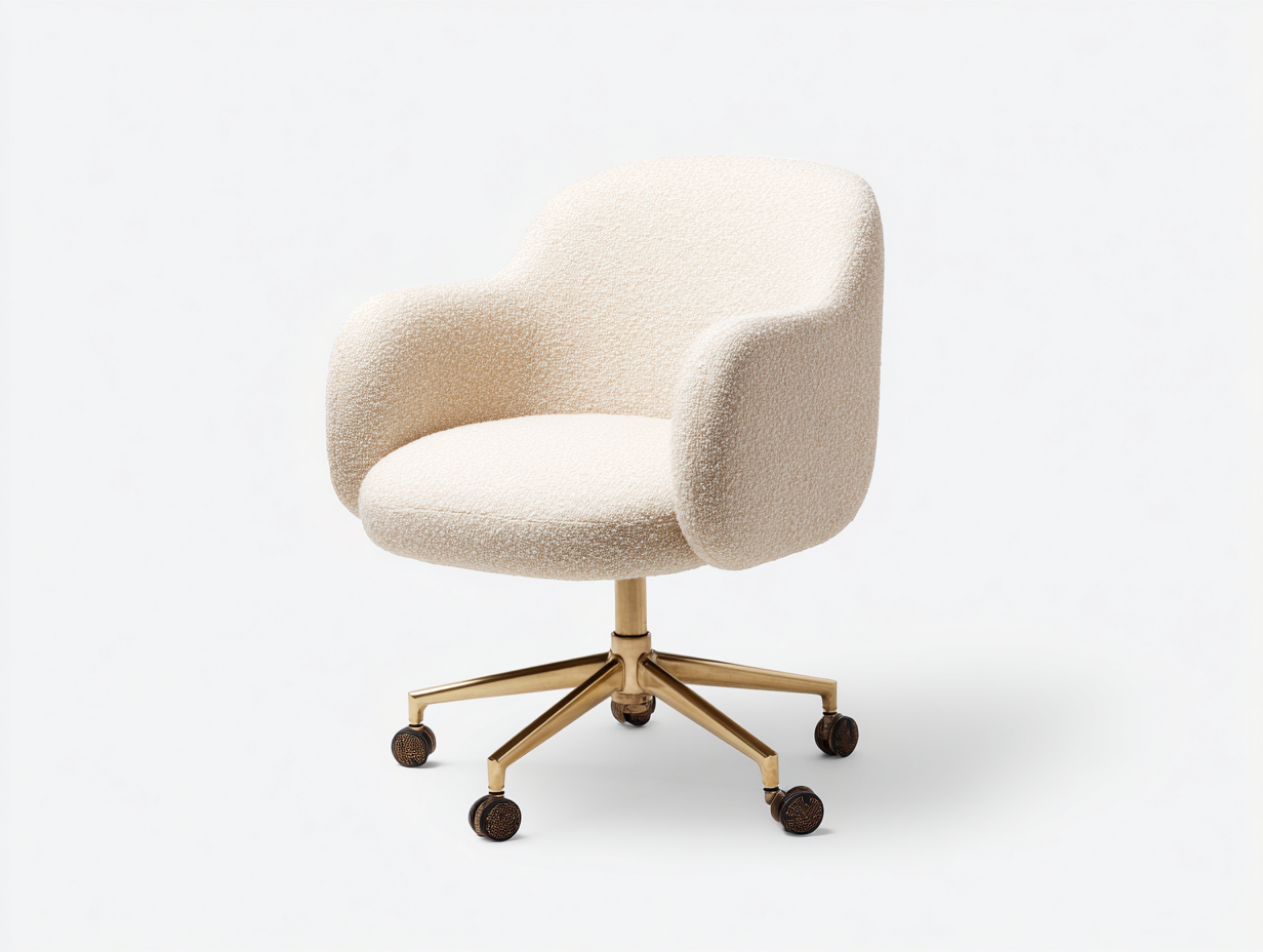 Silla de oficina giratoria - tapizado bouclé y base metálica con ruedas 60x60x87 cm - color crema y dorado - diseño ergonómico moderno-Roommynest