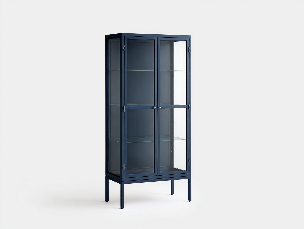 Librería vitrina alta con puertas de vidrio - metal y vidrio 85x40x190 cm - color azul oscuro - diseño moderno industrial-Roommynest