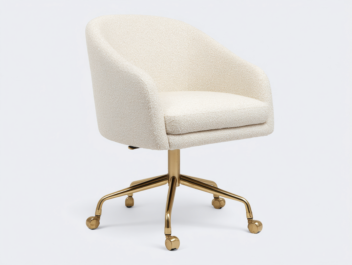 Silla de oficina giratoria - tapizado bouclé y base metálica con ruedas 60x60x85 cm - color crema y dorado - diseño ergonómico moderno-Roommynest