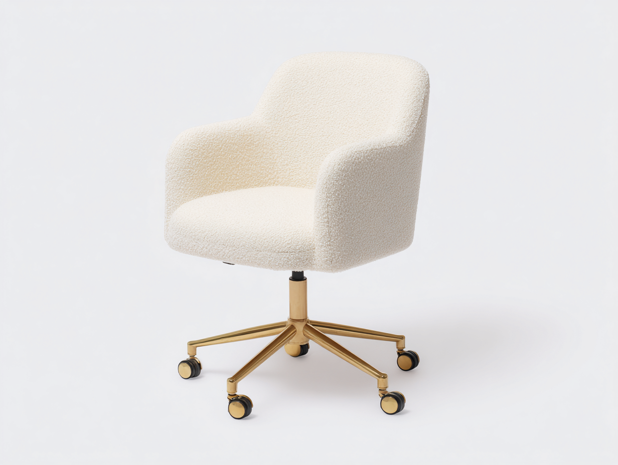 Silla de oficina giratoria - tapizado bouclé y base metálica con ruedas 60x60x86 cm - color crema y dorado - diseño ergonómico moderno-Roommynest