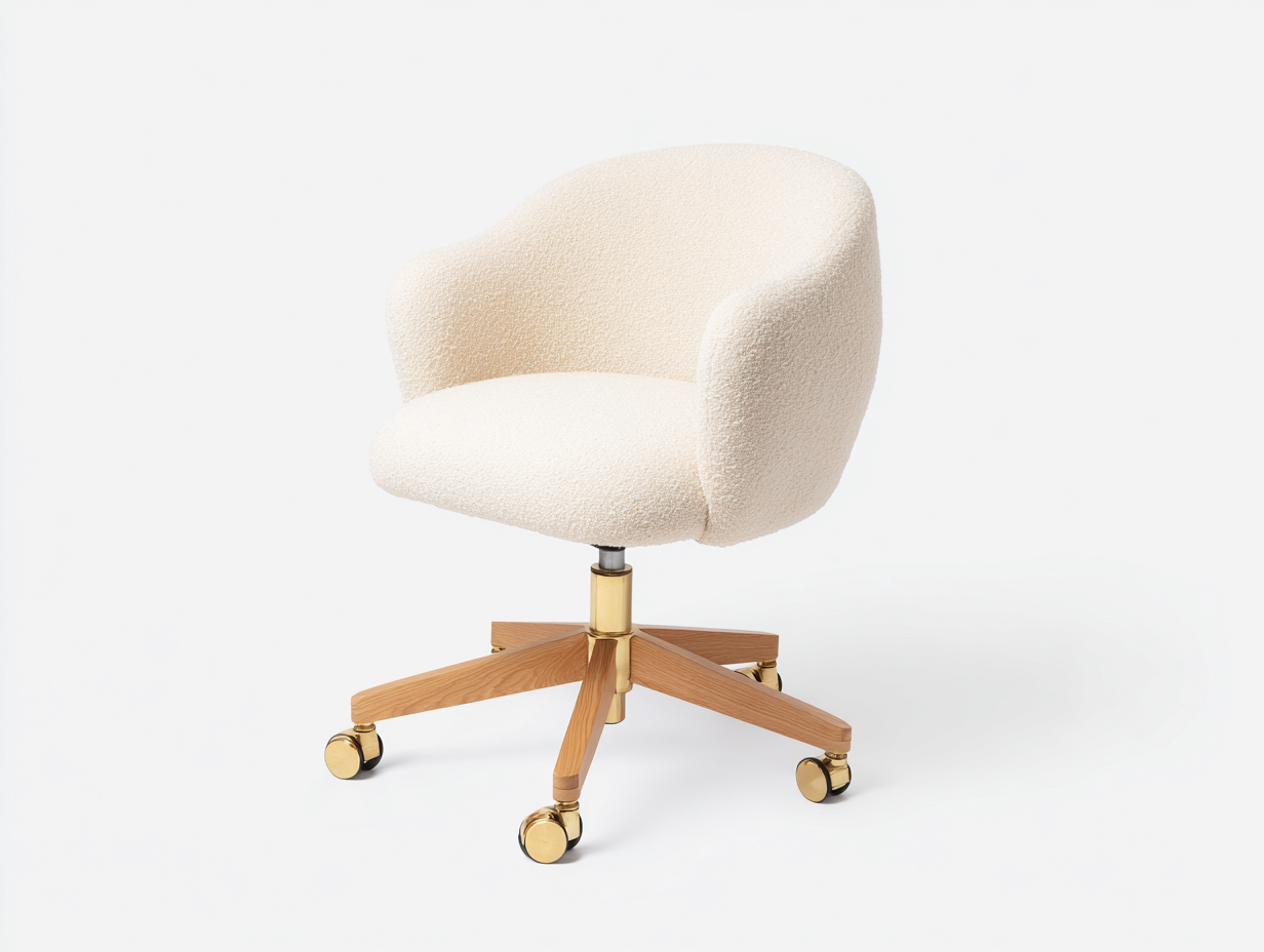 Silla de oficina giratoria - tela bouclé y base de madera 60x62x84 cm - color crema y madera natural - diseño moderno ergonómico-Roommynest