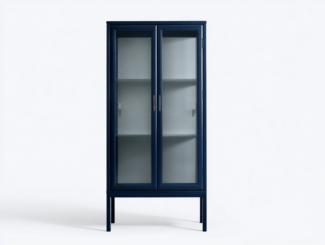 Librería con puertas de vidrio - madera y vidrio 75x38x185 cm - color azul oscuro - diseño moderno elegante-Roommynest