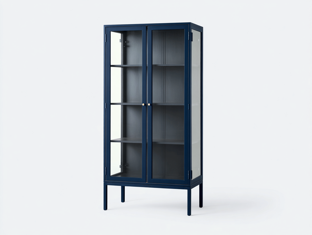Librería vitrina con puertas de vidrio - metal y vidrio 80x40x180 cm - color azul oscuro - diseño moderno industrial-Roommynest