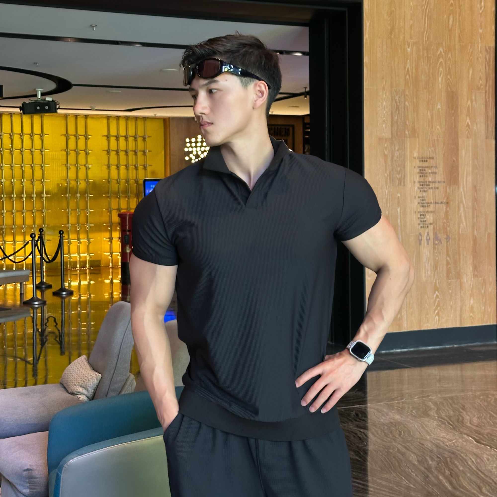 AOBOYUAN Summer Seagull Collar Breathable Cool Sports Polo Shirt for Men, Ribbed, Simple, Lightweight, Versatile, Retro