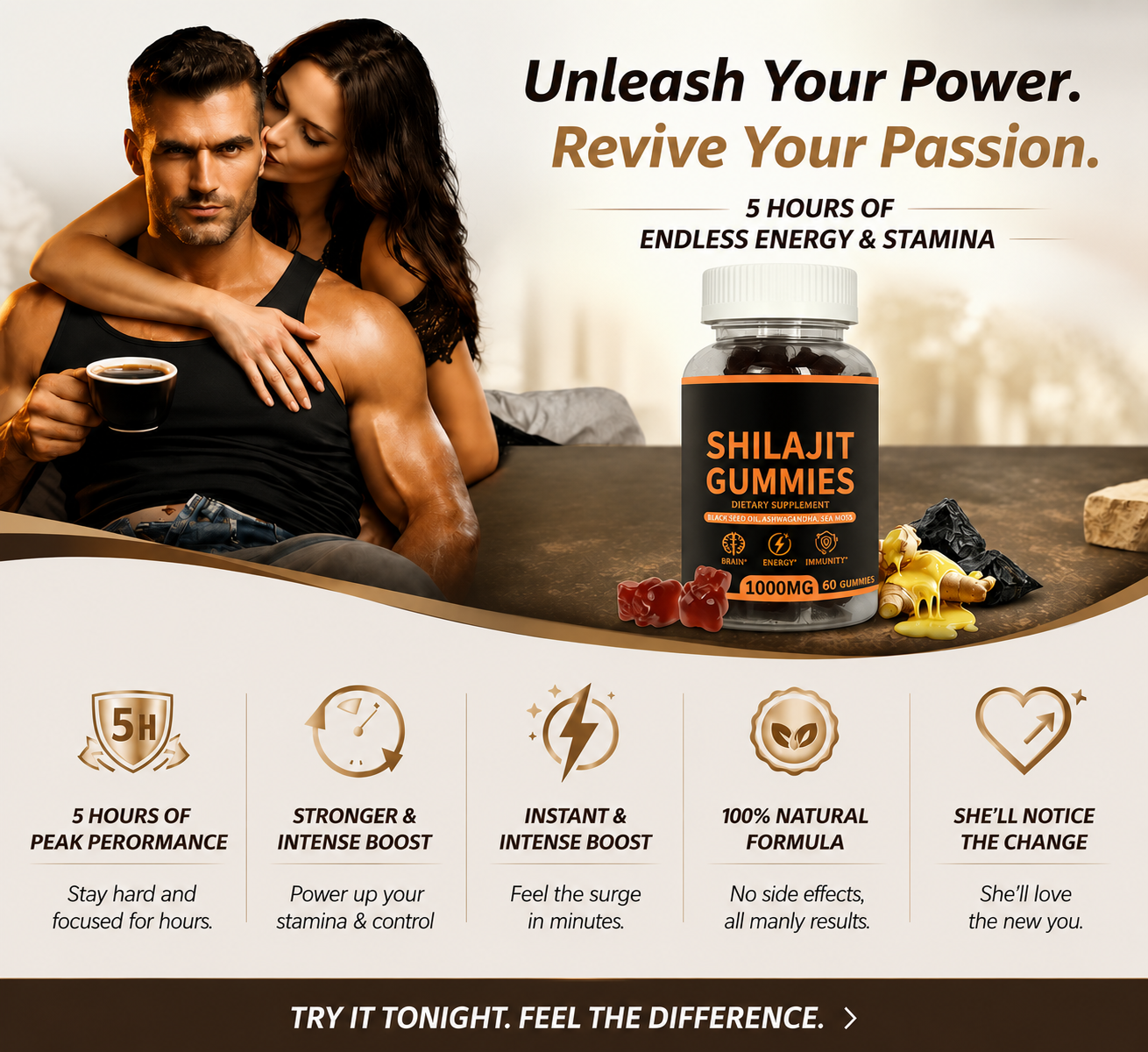 Shilajit for Men Natural Testosterone, Energy & Bedroom Performance Support  （60 count）