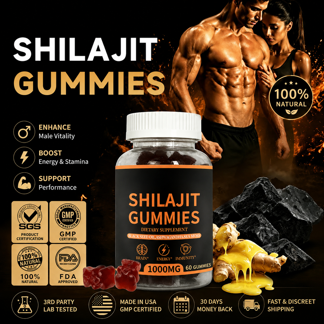 Shilajit for Men Natural Testosterone, Energy & Bedroom Performance Support  （60 count）