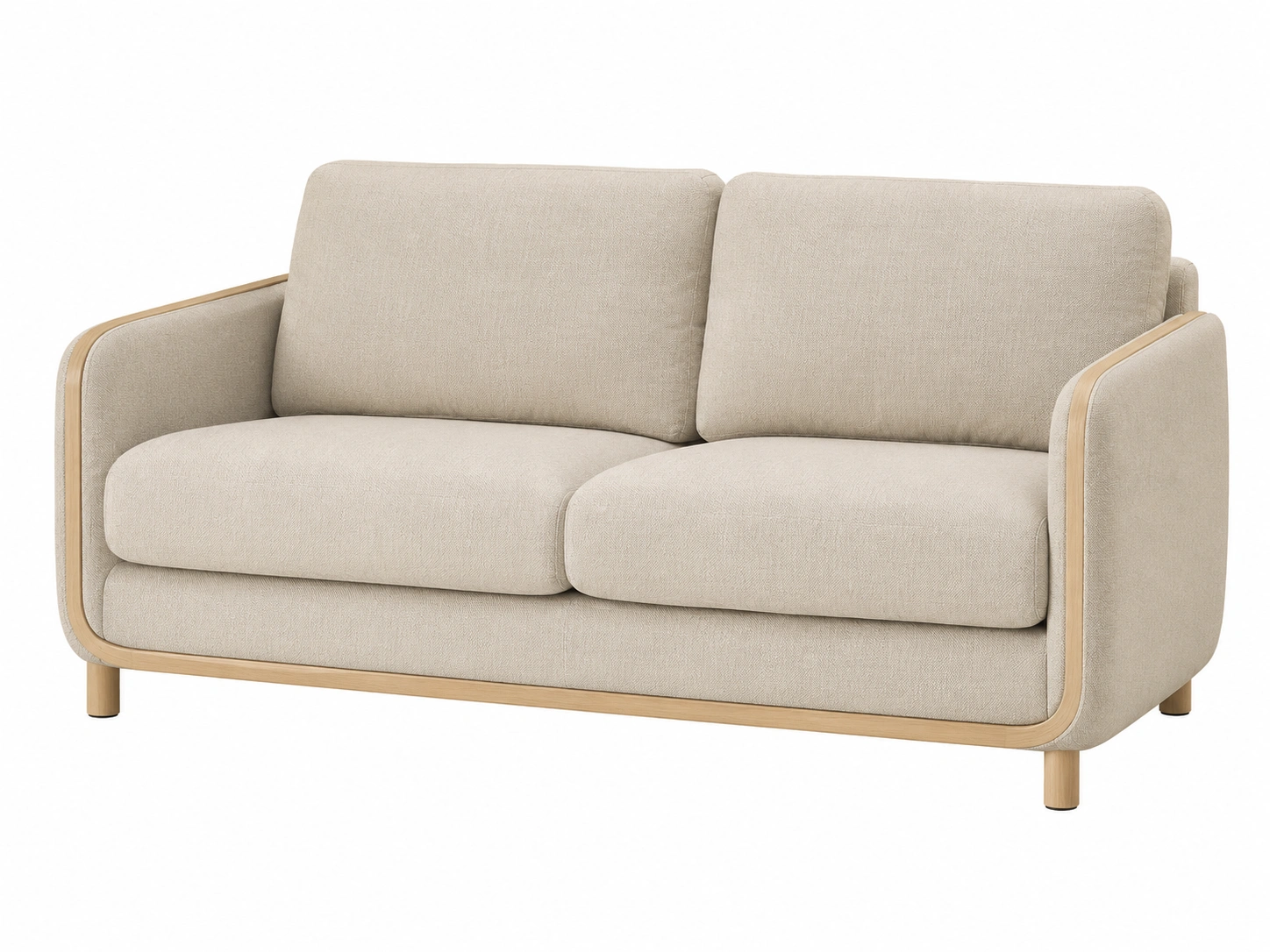 Sofa beige de lineas organicas y madera natural-oaklenza