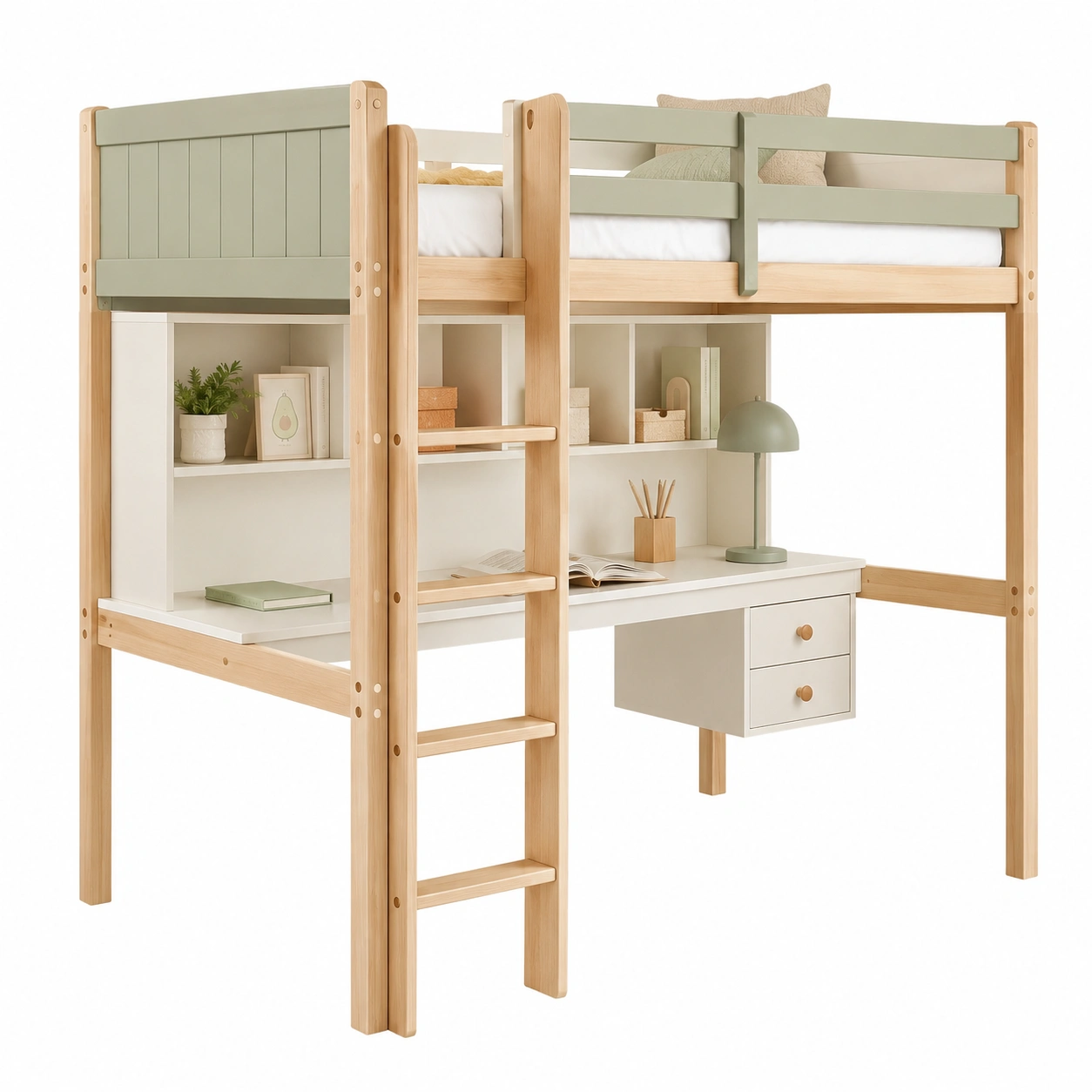 Loft Bed Verde Salvia con Escritorio Integrado-oaklenza