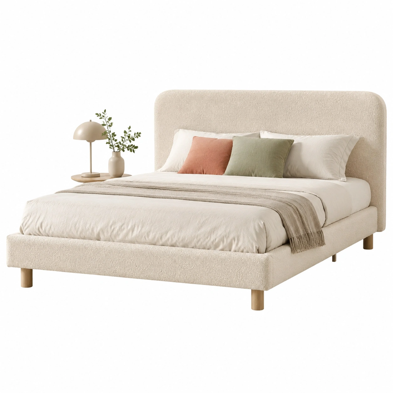 Cama Tapizada Boucle en Beige Suave-oaklenza