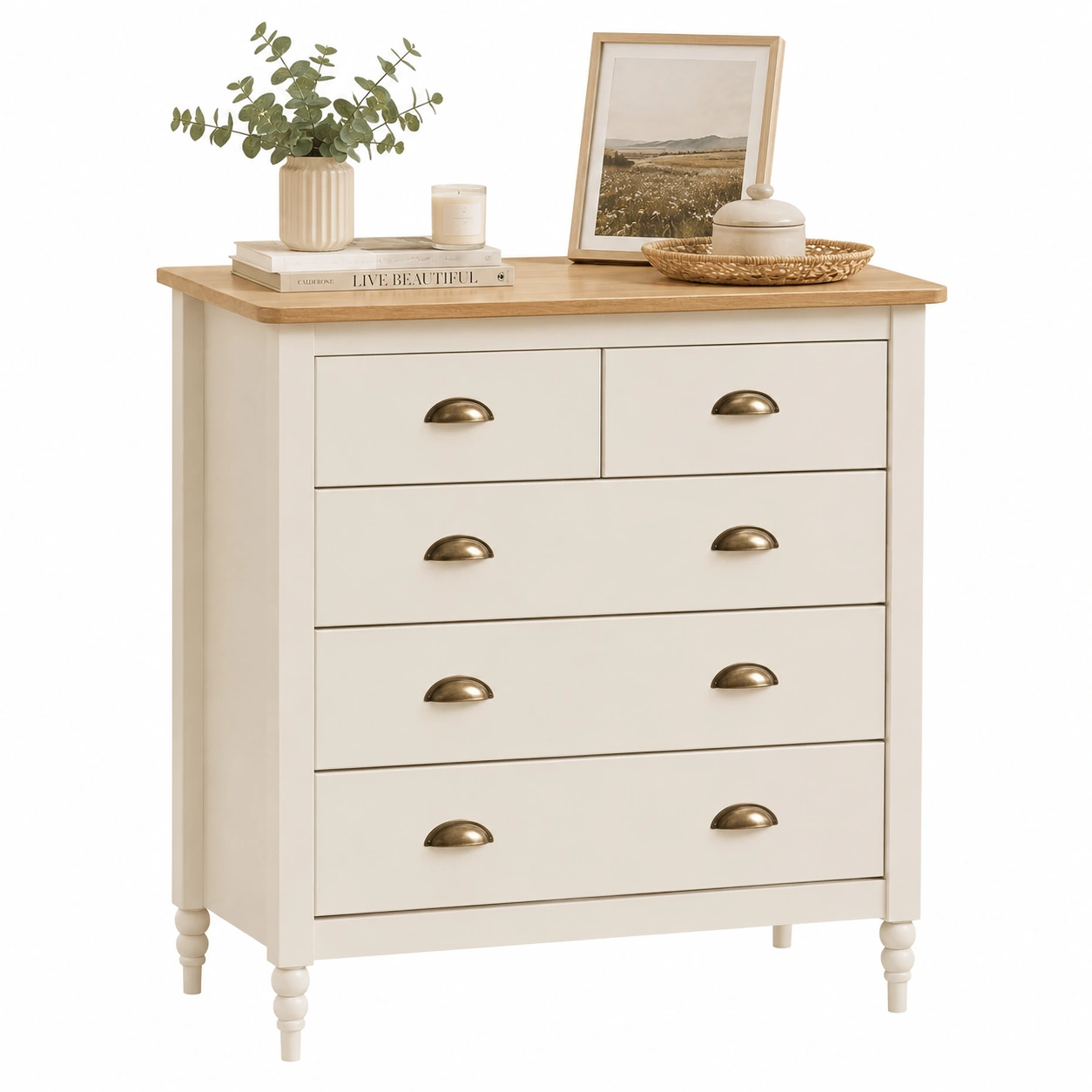 Comoda Blanca con 5 Cajones y Encimera de Madera-oaklenza